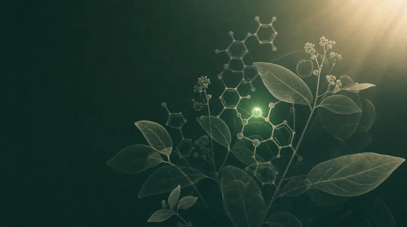 Visualisatie van plantaardige fytochemie — botanische silhouetten en alkaloïde-structuren