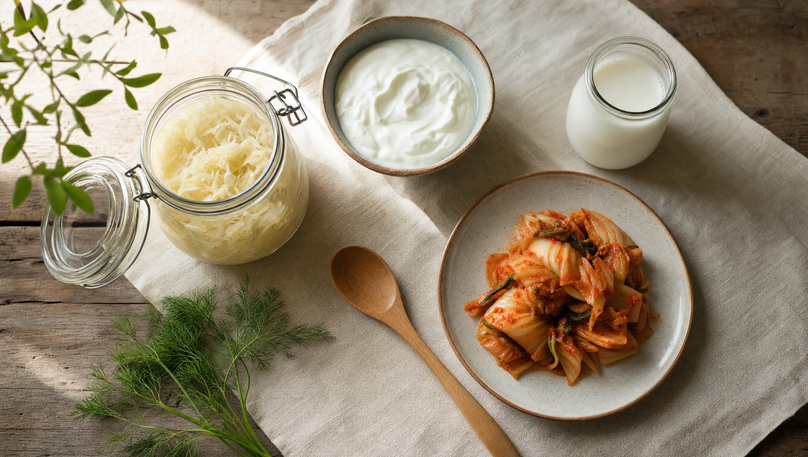 Praktijk: een tafel met diverse fermentatieculturen &mdash; sauerkraut, kimchi, kefir, kombucha