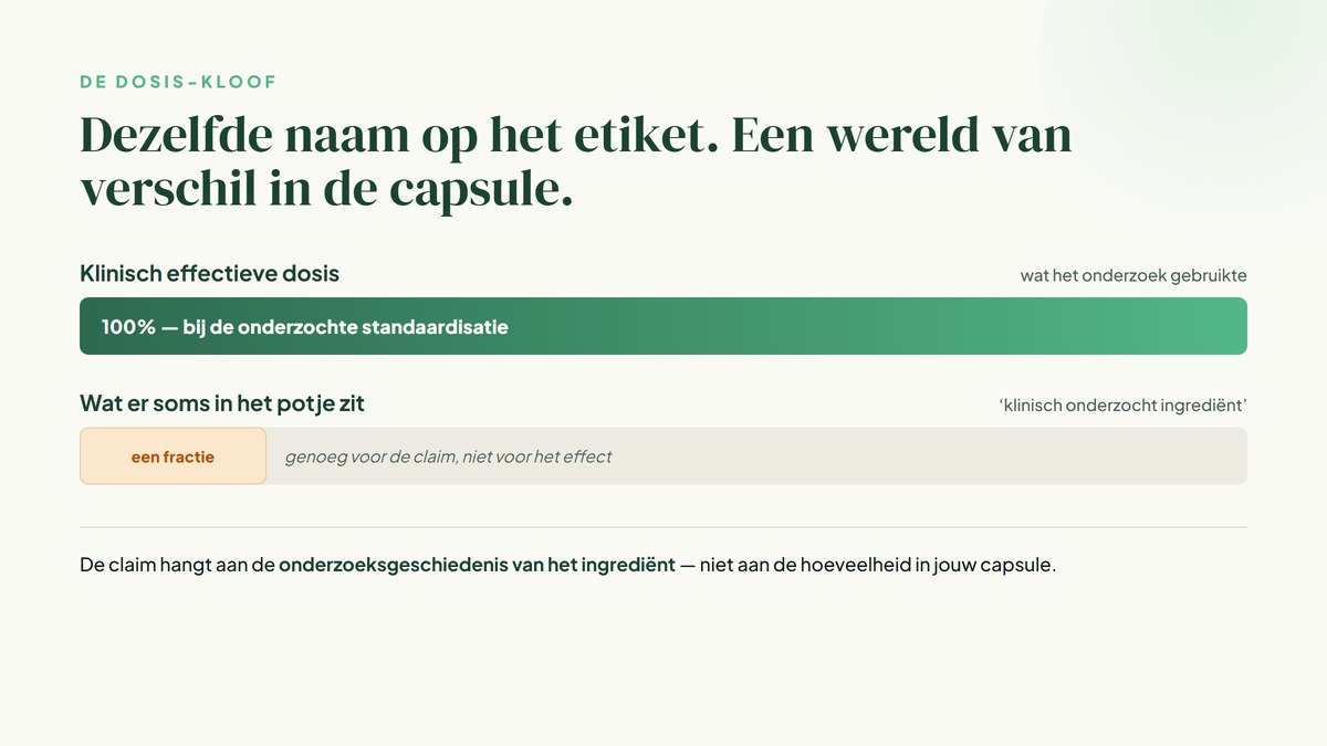 Infographic: de klinisch effectieve dosis (100 procent, bij de onderzochte standaardisatie) versus wat er soms in het potje zit — een fractie, genoeg voor de claim maar niet voor het effect.